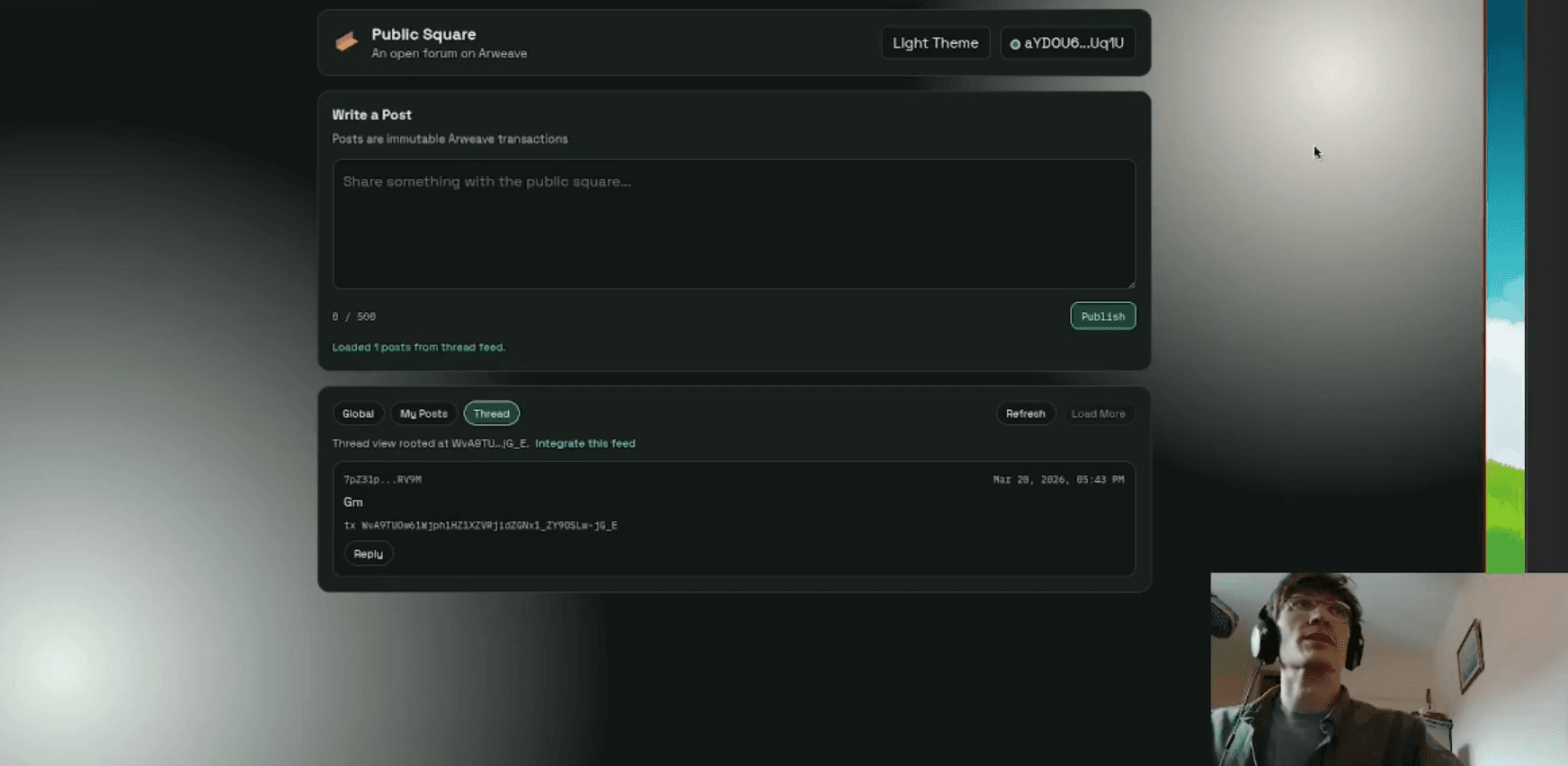 Screenshot of the Public Square forum interface with a video inset of Benjamin Brandall.